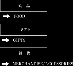 食品→FOOD／ギフト→GIFTS／雑貨→MERCHANDISE/ACCESSORIES